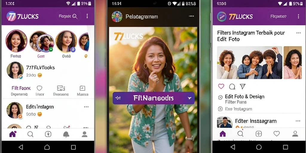 Antarmuka 77LUCKS dengan filter Instagram yang menarik.
