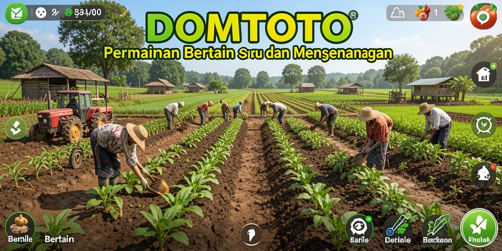 Antarmuka DOMTOTO menunjukkan ladang yang subur dan hewan ternak yang menggemaskan.