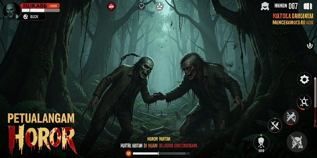 Tampilan antarmuka permainan horor yang menengangkan.