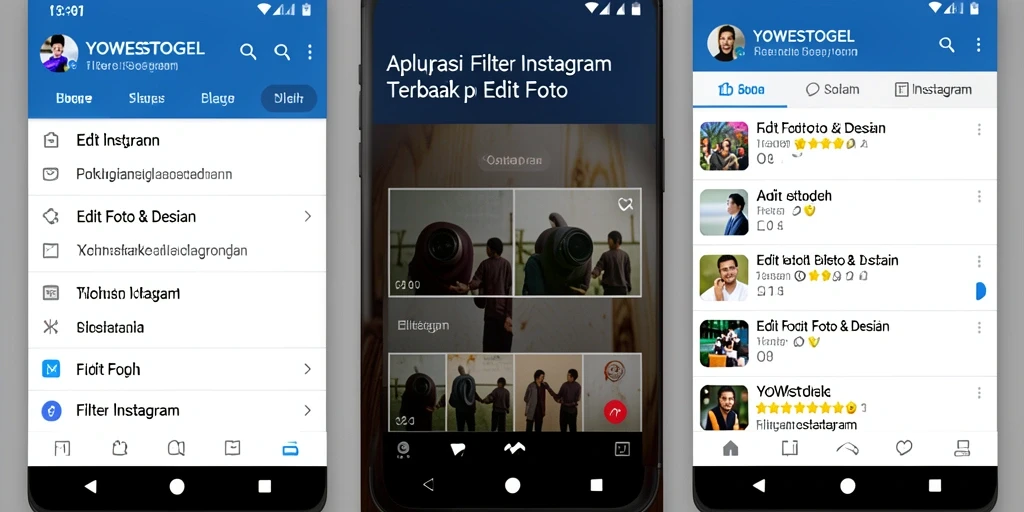 Antarmuka aplikasi YOWESTOGEL dengan koleksi filter Instagram.